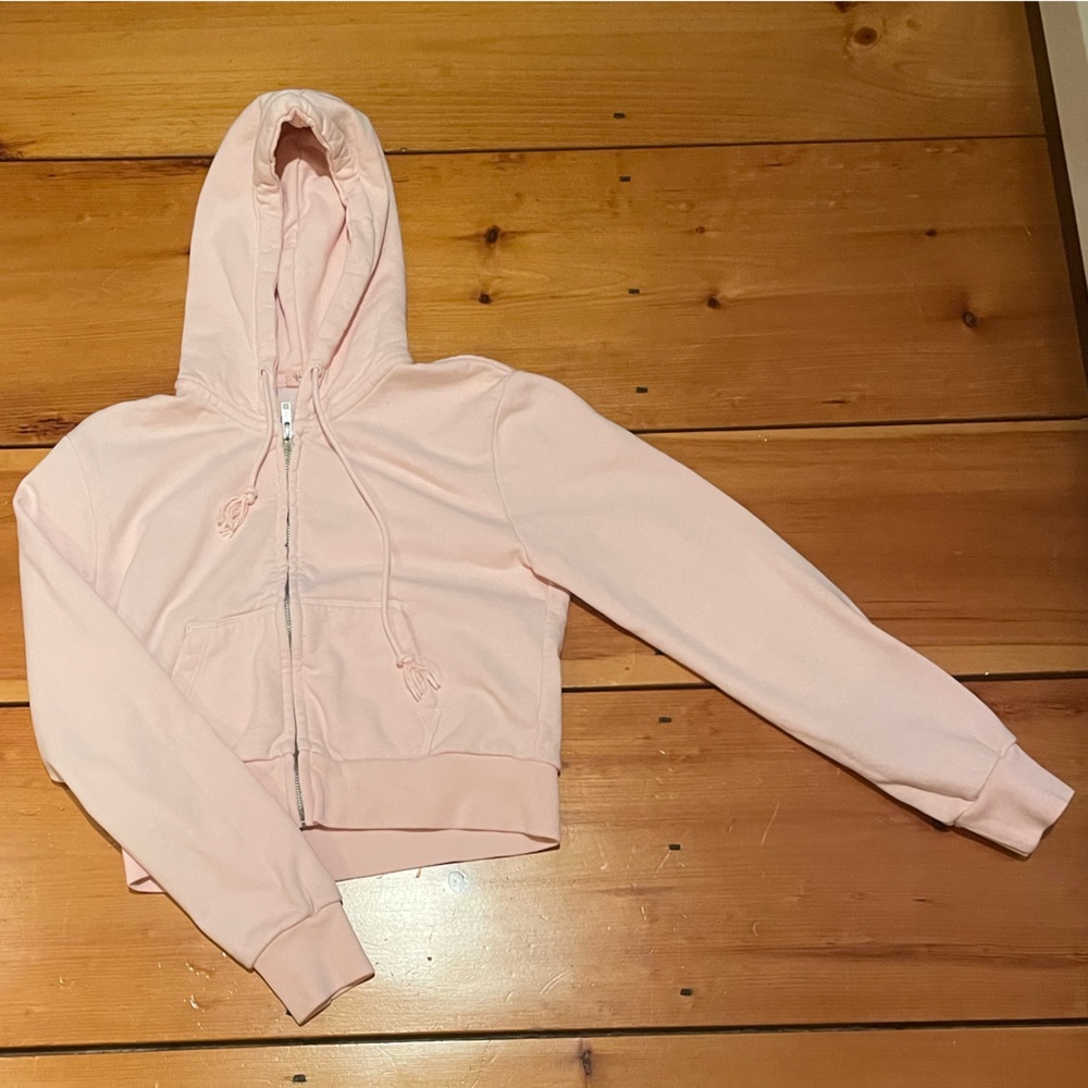 Brandy Melville Crystal Hoodie Light Pink Cropped Zip-Up Hoodie